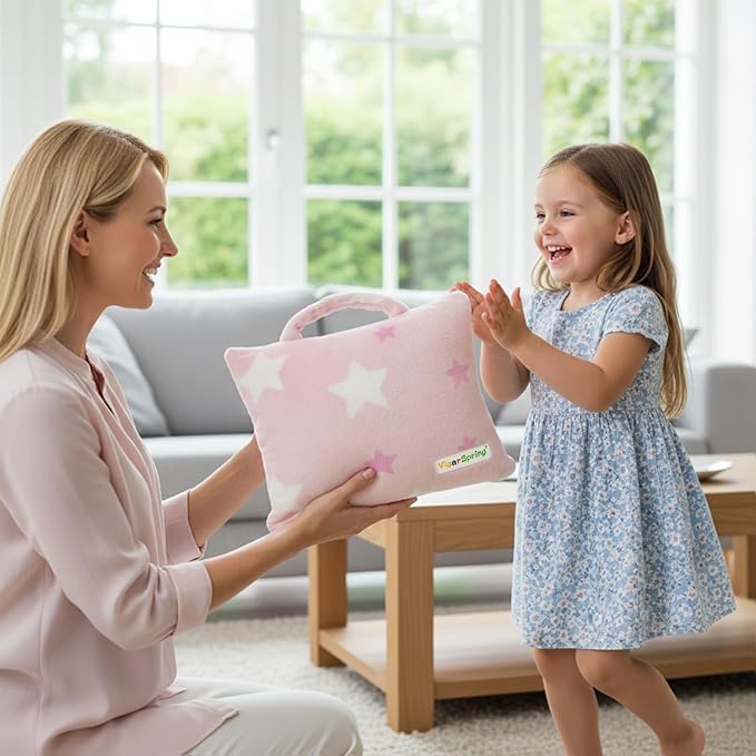 3-in-1 Kids Travel Blanket and Pillow Set - 40x60 Inches Soft Pink Star Design,Kids Travel Blanket Airplane Compact with Bag, Potable Pillow Blanket for Travel Airplane Train Bed Office