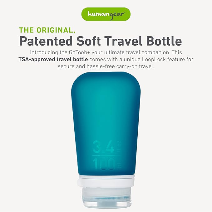 humangear GoToob+ (Large) | Refillable Silicone Travel Bottle | Locking Lid | Food-Safe Material | Teal, Large (3.4 fl.oz.; 100ml)