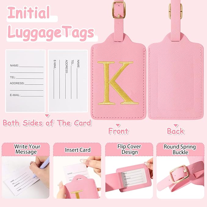 Personalized Initial Luggage Tags for Suitcases, Cute PU Leather Embroidered Letter Travel Luggage Tags, Suitcase Identifier Name Baggage Tag, Bag Tags for Men Women Kids Luggage Handbags(Pink K)