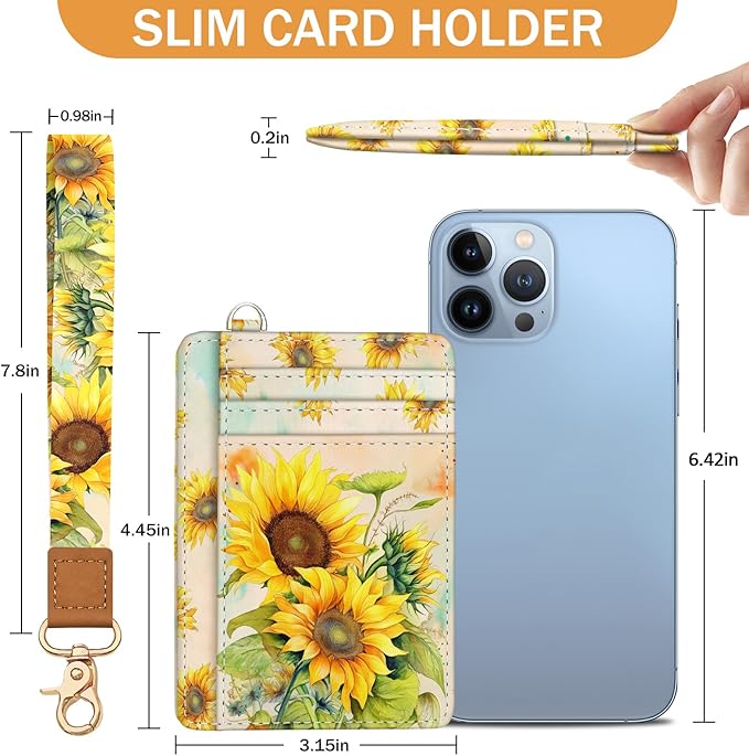 Yonlevres Sunflower Credit Card Holder Slim Wallet, RFID Wallet Women Front Pocket Wristlet Lanyard, Small Card Holder Travel Funny Cute Thin Card Case ID Window PU Leather Card Organizer Gifts Girls