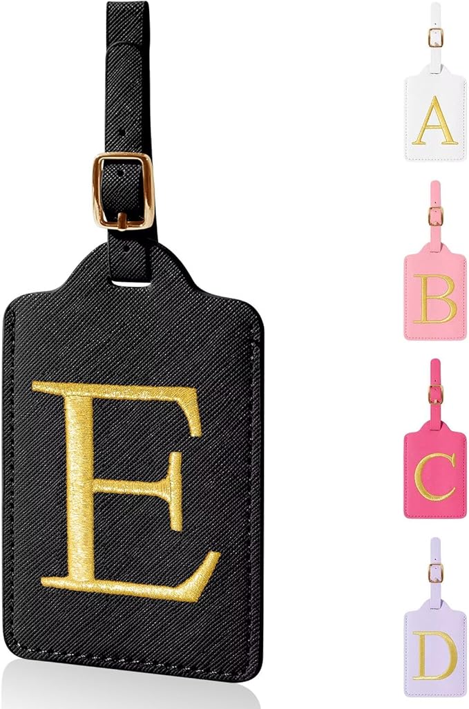 Personalized Initial Luggage Tags for Suitcases,Leather Letter Cute Luggage Tags with Privacy Name Card,Embroidered Monogrammed Travel Bag Backpack Tag Gifts for Women Kids Girls Teens(Black-E)