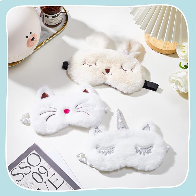 Geyoga Sleep Mask for Kids, Girls Plush Sleeping Eye Cover Soft Eye Blindfold Cover Animal Shade for Kids(White,Cat and Unicorn Style, White)