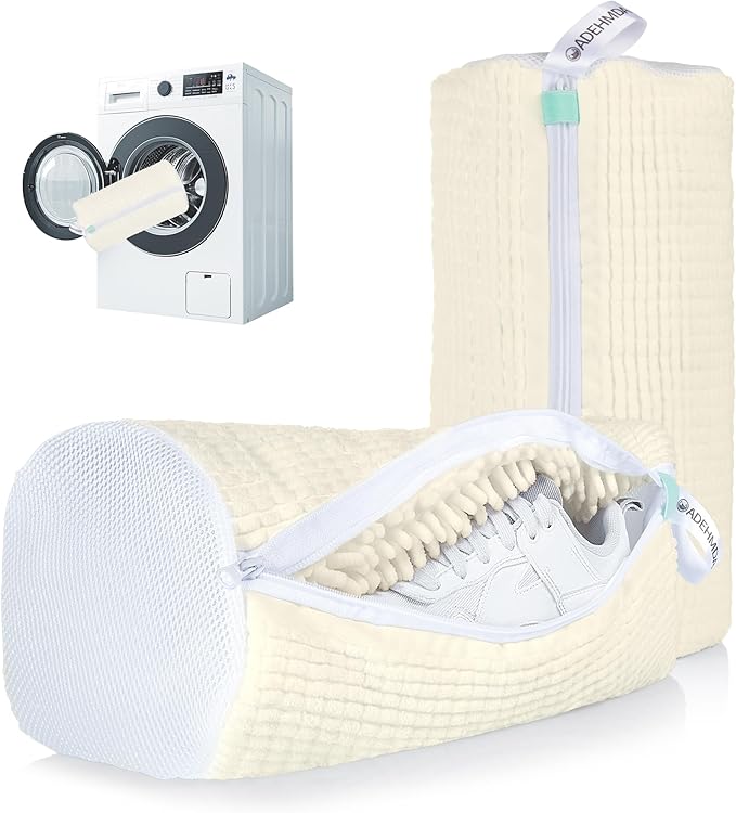 2Pcs Shoe Washing Machine Bag, Sneaker Laundry Bag for Washing Machine, Extra Long and Thick Microfibre Fluff, Reusable for Washer and Dryer (2pcs, Cream white)