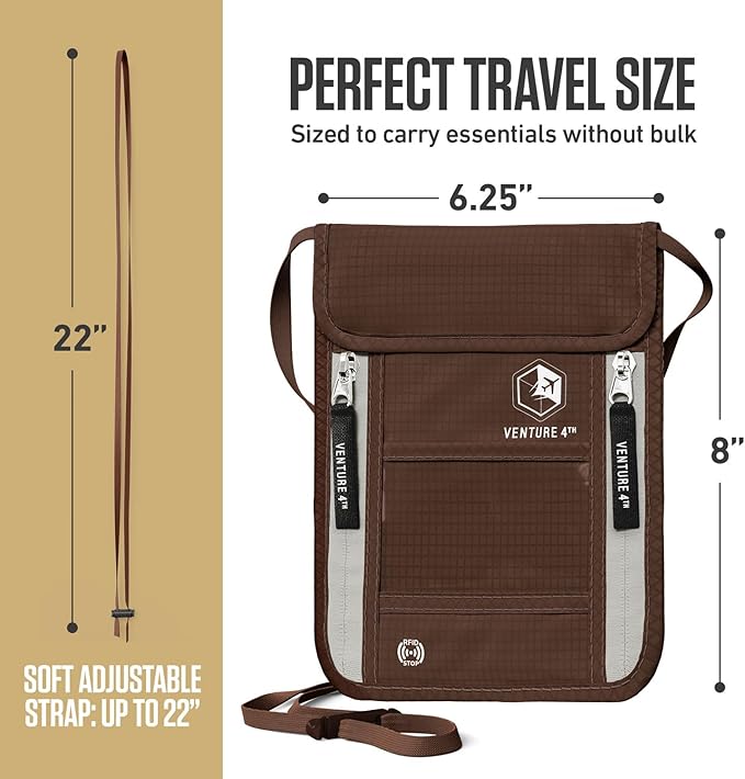 VENTURE 4TH Neck Wallet for Women & Men – RFID Blocking Passport Holder for Travel, Hidden Neck Pouch with 6 Compartments, Slim Lightweight Travel Organizer with Adjustable Strap (Brown)