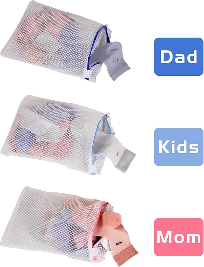 3 PACK Hanging Mesh Laundry Bags with S Metal Hooks,10x12 Inch Hanging Socks Laundry Bags, for Washing Machine
