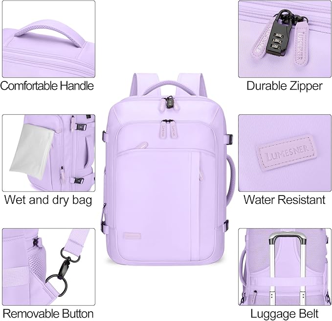 Lumesner Carry on Travel Backpacks, Extra Large 40L Flight Approved Bag for Men & Women,Expandable Suitcase Backpack With 4 Packing Cubes,Water Resistant Luggage Daypack Business Weekender Bag, Purple
