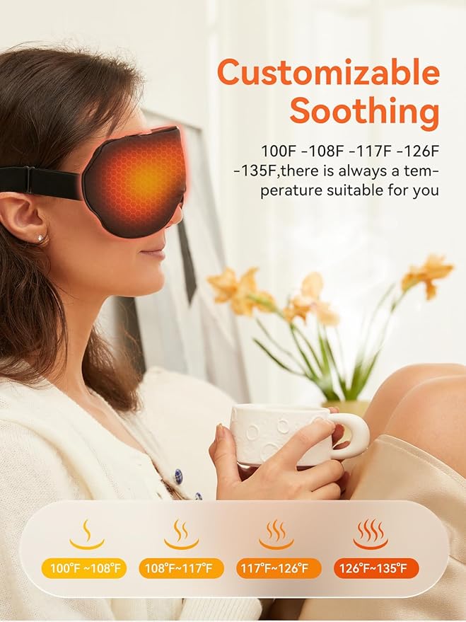 Heated Eye Mask for Dry Eye Relief, Cordless Warm Compress Sleep Mask with 4 Heat Settings & Timer, Rechargeable Silk Eye Warmer for Migraine, Travel, Women Men Black