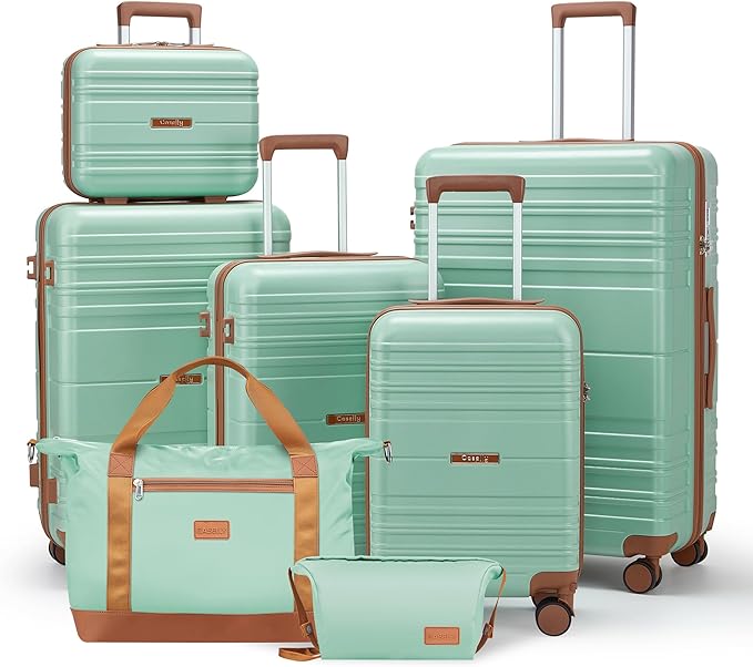 Luggage Sets with spinner wheels, PC+ABS Hard Shell Travel Luggage,Lightweight Carry-on suitcases with TSA Lock,YKK Zippers (Green, 7 piece sets（14/18/20/24/28/DB/TB）)