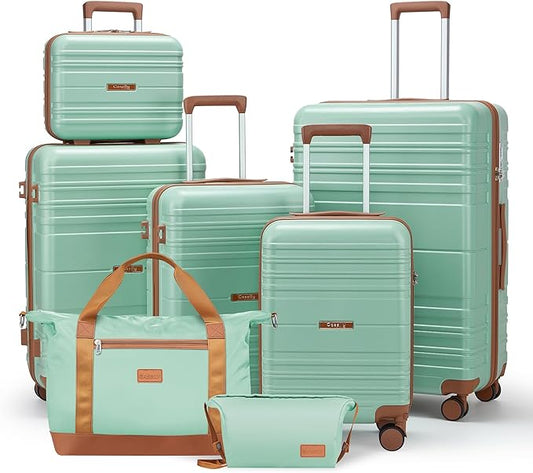 Luggage Sets with spinner wheels, PC+ABS Hard Shell Travel Luggage,Lightweight Carry-on suitcases with TSA Lock,YKK Zippers (Green, 7 piece sets（14/18/20/24/28/DB/TB）)