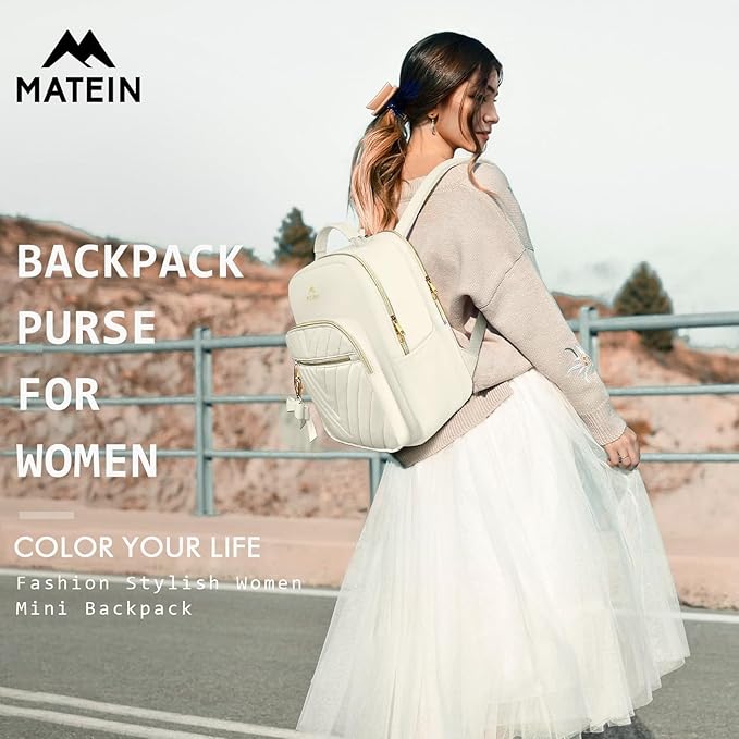 MATEIN Cute Backpacks for Women, Mini Stylish Daypack Purse, Waterproof Anti-theft Travel Casual Daily Rucksack Shoulder Handbag for Work College Dating, 2pcs Sets, Beige