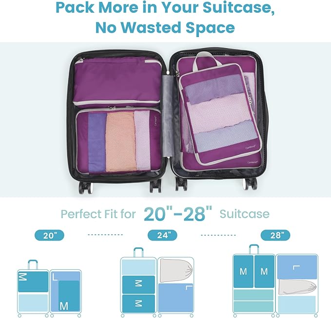 Cambond Compression Packing Cubes - 4 Set See Through Mesh Packing Cubes for Travel, Expandable Travel Essentials Packing Organizers for Carry on Suitcases with 3-in-1 Underwear Bag, Purple