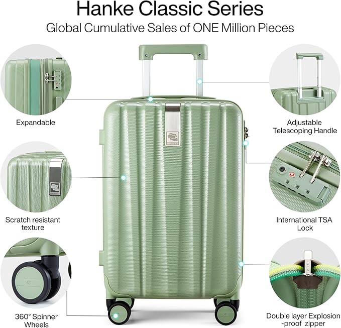 Hanke 24 Inch Expandable Checked Luggage Lightweight PC Hard Shell Luggage Suitcases with Wheels Travel Luggage Rolling Large Suitcase Travel Luggage Bag for Go to University.(Bamboo Green)