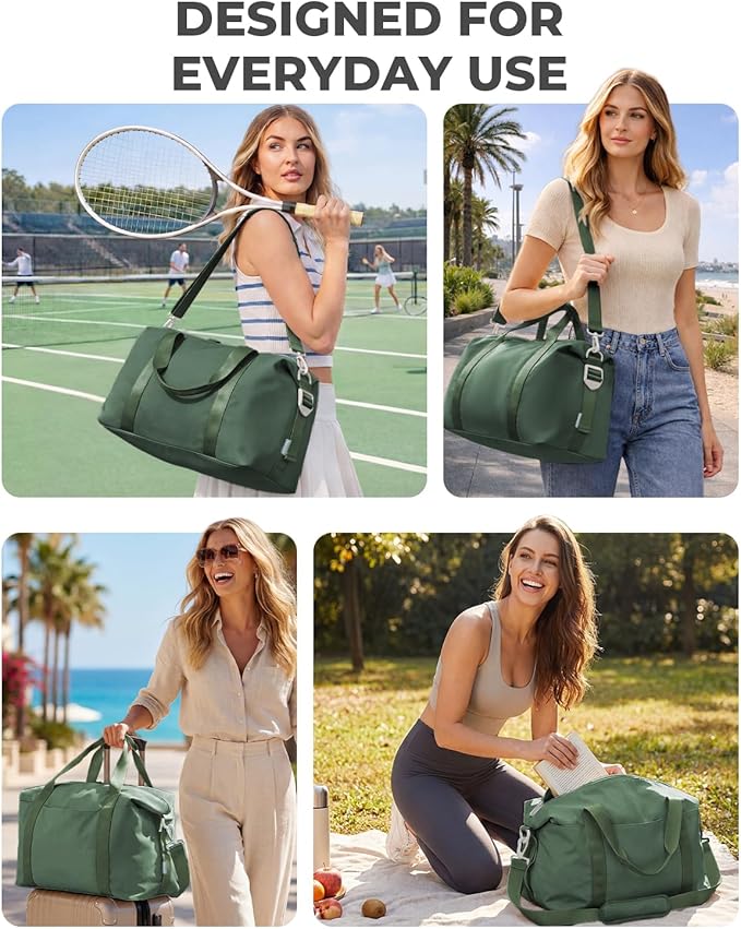 Percover Weekender Travel Duffel Bag for Women, Lightweight Soft-Structure 33L Carry-On, Water-Resistant Nylon with Shoulder Strap & Trolley Sleeve, Personal Item Friendly, Forest Green