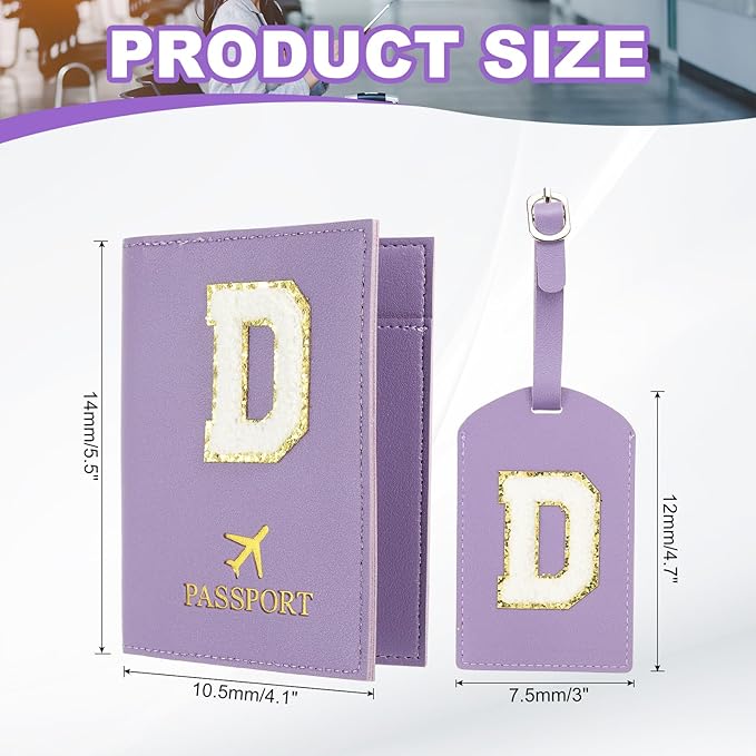 PATIKIL Passport Holder for Travel, Initial Passport Cover and Luggage Tag Set with Alphabet Chenille Letter Patch Travel Wallet Bag Suitcase Identifier for Women Family Travel Purple D