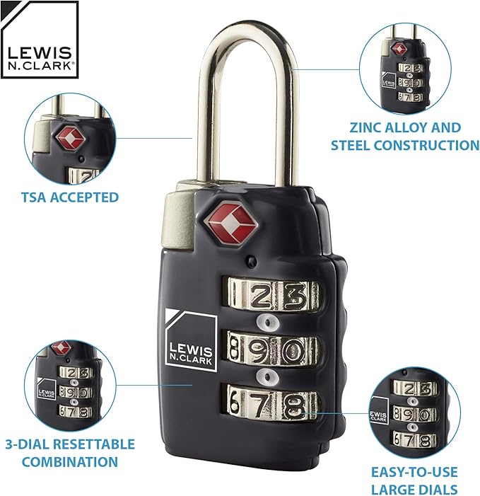 Lewis N. Clark Travel Sentry TSA-Approved Luggage Lock, Large 3 Dial Combination with Easy Read Dials - Black (Pack of 2)