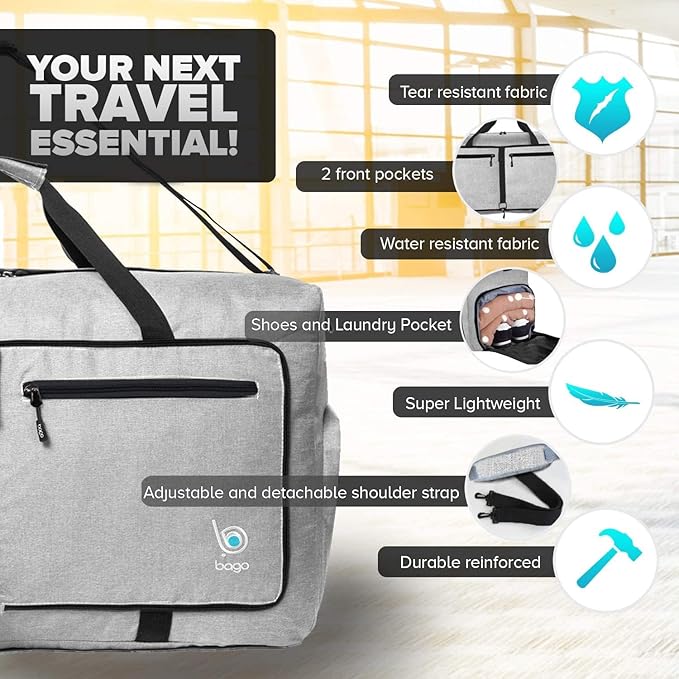 Bago Large Duffle Bag for Travel Women & Men. Durable Lightweight Foldable Travel Duffel Bags For Traveling Women. 80L Duffle Bags For Overnight Bag With Shoe Compartment Collapsible Weekender duffel