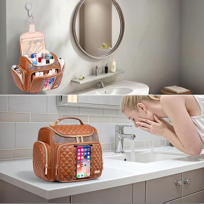 Large Leather Toiletry Bag for Women Men,Bathroom Bag,Water Resistant Shower Bag,Makeup Bag,Portable Shower Caddy for College Dorm,Hanging Travel Toiletry Bag with Transparent Waterproof Phone Pocket