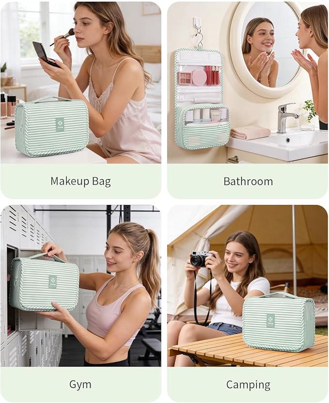 Narwey Small Hanging Toiletry Bag for Travel Women Girl, Striped Toiletries Travel Bag with Hook, Hanging Makeup Bag Organizer Make Up Cosmetic Bags (Mint Green Stripe)