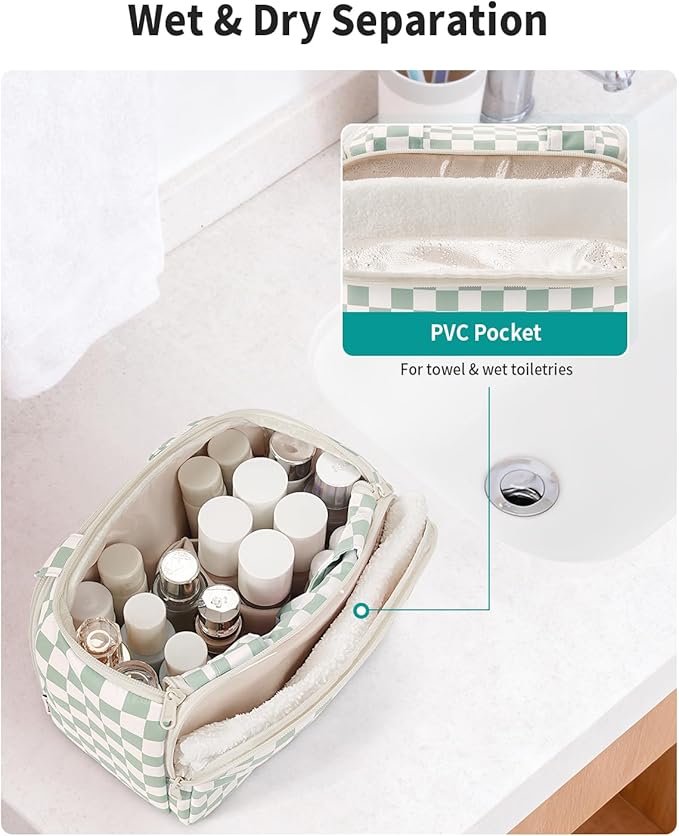 Narwey Checkered Travel Toiletry Bag for Women Large Makeup Bag, Wide-open Cosmetic Make Up Organizer with Handle, Travel Bag for Toiletries, Essentials, Accessories (Mint Green Checkerboard)