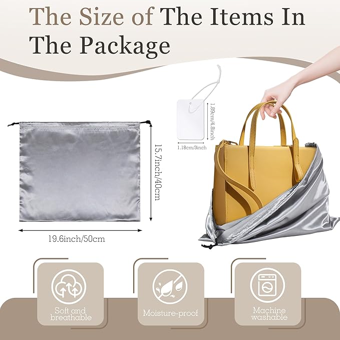 Vonty 3 Pack Silky Dust Bags for Shoes and Purses, Satin Drawstring Bag for HandBags Boots - Grey Shoe Bag Silk Dust Cover Bag Protector Travel Storage Pouch(19.6 x 15.7 In)