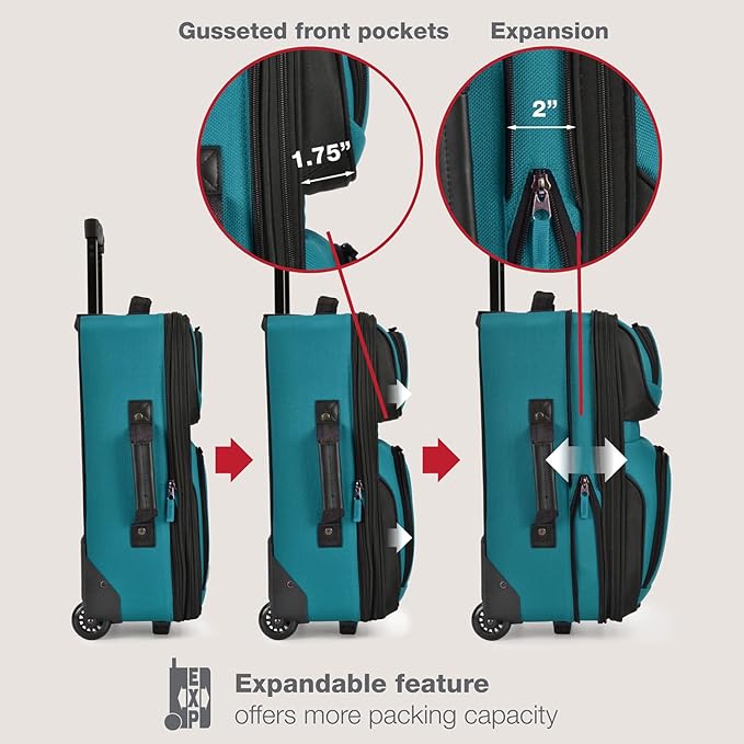 U.S. Traveler Rio Lightweight Softside Rolling Carry-on Suitcase, 2-Wheel Set, Teal