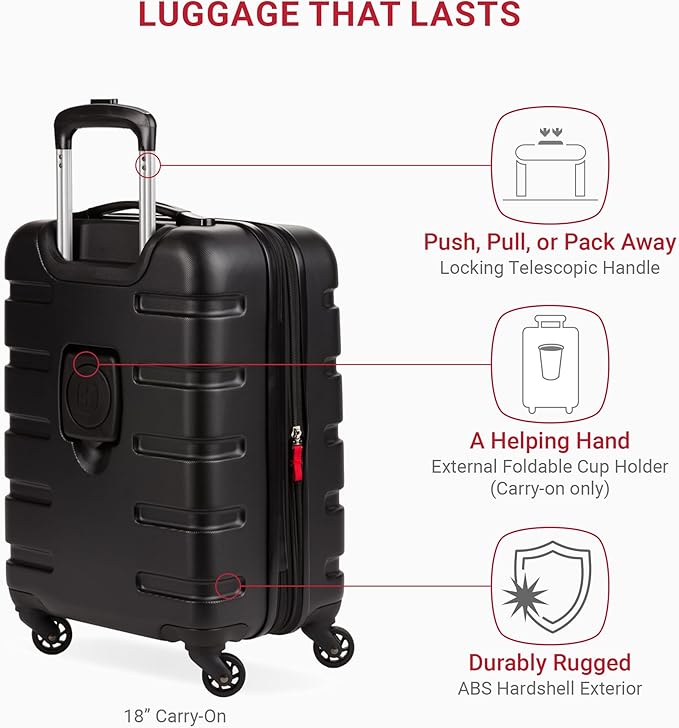 SwissGear 7366 Signature Hardside Expandable Luggage with Spinner Wheels, TSA Lock, Cup-Holder, Black, 3-Piece Set (19/23/27)