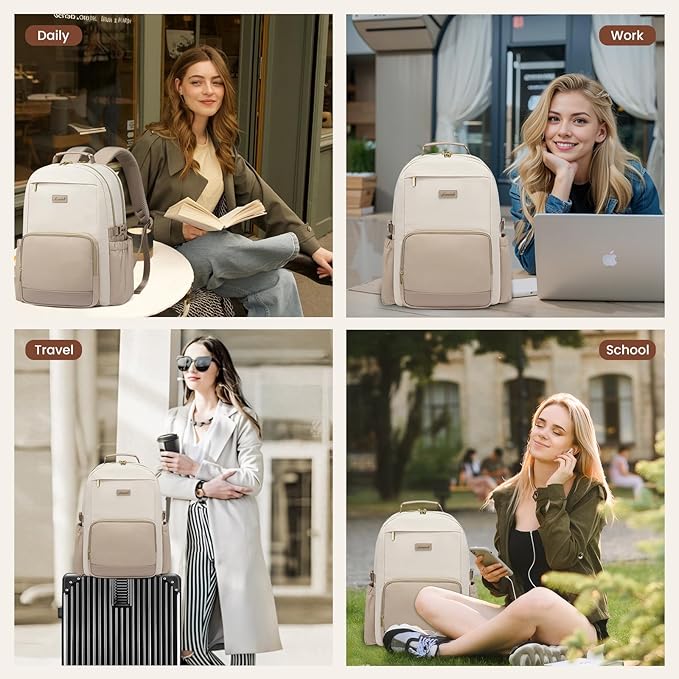 LOVEVOOK Laptop Backpack for Women with Pouch Pocket for Large Capacity Cup,17 Inch Laptop Computer Bag Travel Backpack Purse,Waterproof Work Business Backpack College Teacher Bags,Beige-Khaki
