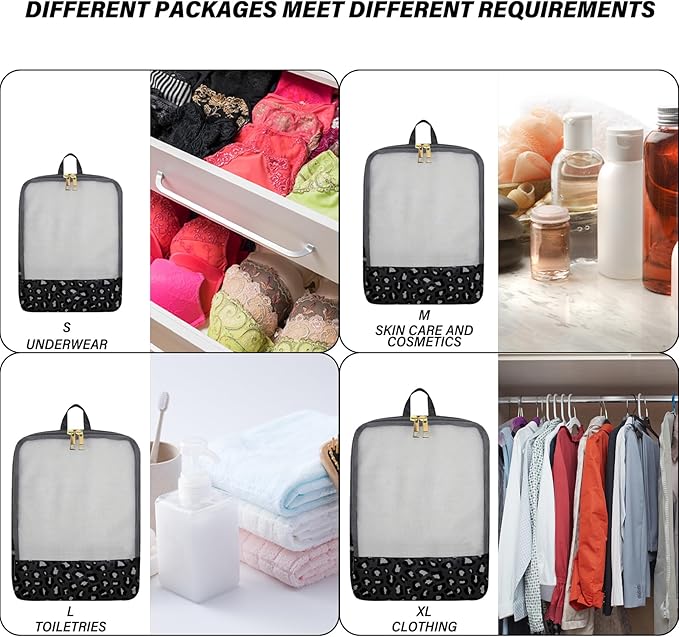 4 Set Packing Cubes Travel Luggage Organizers for Suitcase Travel Accessories for Women Girls Aesthetic Cute-Black Leopard Cheetah Pattern