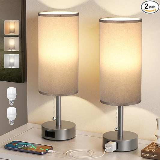Dark Grey Bedside Table Lamps Set of 2 - Bedroom Lamp for Desk, AC Outlet | 3CCT(3000K/4000K/5000K), LED Bulbs Included, Dark Grey Fabric Lampshade, 14in Small Lamp for Nightstand, Guest Room, Dorm