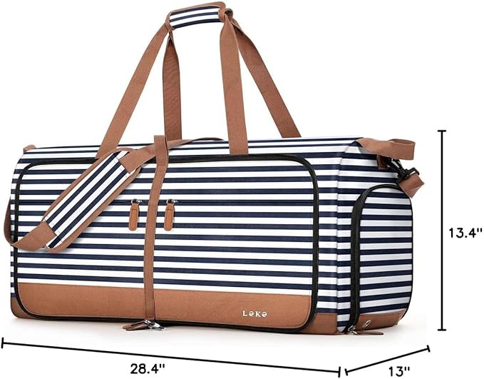 Lekesky Foldable Travel Duffle Bag for Women, 80L Large Duffel Bag with Separate Shoes Compartments & Straps, Carry On Weekend Bag for Women, Hospital, Overnight (Blue Stripes)