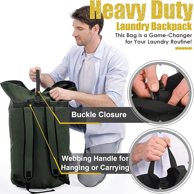 Backpack Laundry Bag, 115L Heavy Duty Extra Large College Laundry Backpack, Dirty Clothes Bag with Shoulder Straps, Laundry Hamper Bag with Drawstring Closure for College Dorm, Apartment Army Green