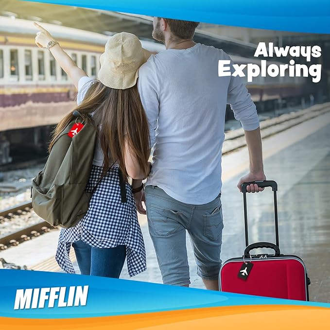Mifflin-USA Silicone Luggage Tags (Black, 2 Pack) with Plane Embedded Design & Name ID Card; Bright Colors to Quickly Find Your Bag