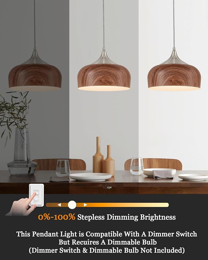 ELYONA Bauhaus Pendant Light Wooden Pattern Dome Pendant Light Fixture Brushed Nickel Metal Modern Adjustable Hanging Lighting for Kitchen Island Dining Room Office Hallway Foyer Bedroom, 12 Inch