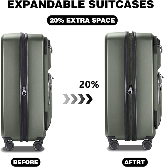 Luggage Sets 2 Piece, Carry On Luggage with Front Pocket & USB Port and 28 Inch Expandable Checked Luggage, Hybrid Soft Front & Hard Shell Suitcases with Spinner Wheels & TSA Lock, Green