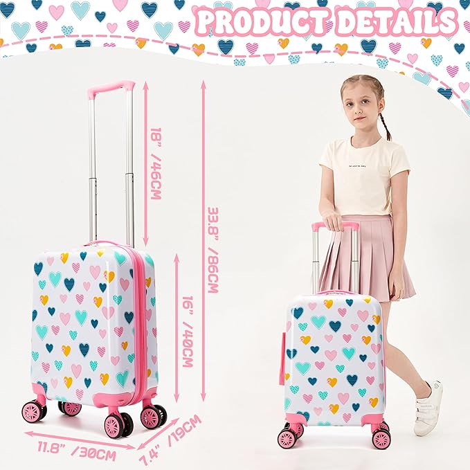 Kid's Luggage Set 2 Piece Suitcase Set Hardside Luggage with Spinner Wheels Girls Carry on Toddler Travel Rolling Suitcase with Neck Pillow Airline Approved