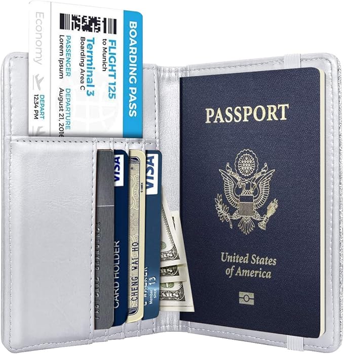 Passport Holder Cover Women's Travel Wallet RFID Blocking Cute Slim Passport Wallet with Elastic Band, Silver