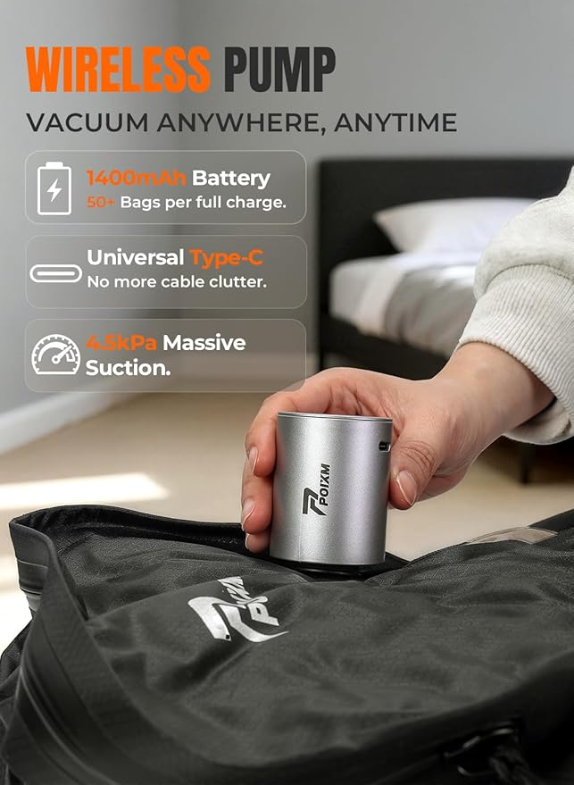 Vacuum Bags for Travel with Wireless Pump, 180° Open Zipper, IP67 Waterproof, Reusable Space Saver Compression Bags for Backpack, Suitcase, Home Storage(3 Pack + Pump)