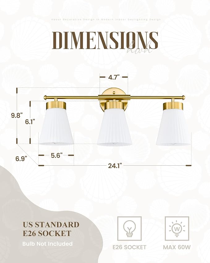 Bathroom Light Fixture, HWH 3-Light Brushed Gold Vanity Lights for Bathroom Modern Vanity Sconce Lighting Over Mirror, Wall Lamp with Frosted White Striped Glass, 5HZG97B-3W BG