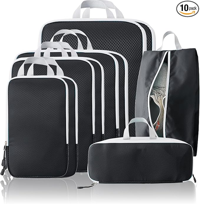Compression Packing Cubes, 10 Set Packing Cubes for Travel Compression, Lightweight Compressible Package Organizer for Carry On and Suitcases, Black and Grey