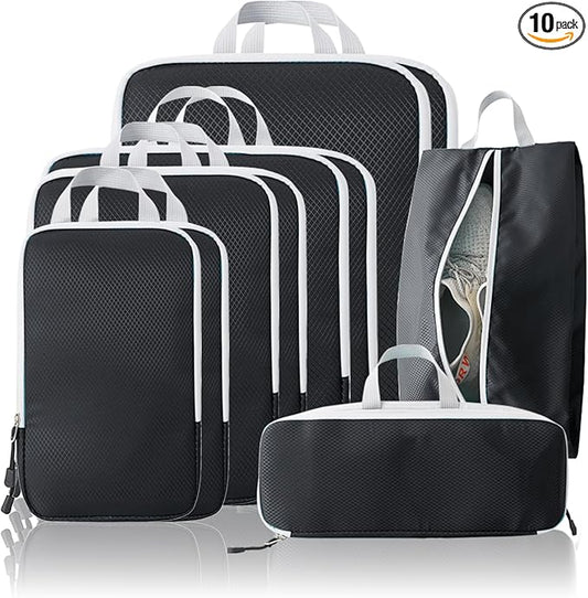 Compression Packing Cubes, 10 Set Packing Cubes for Travel Compression, Lightweight Compressible Package Organizer for Carry On and Suitcases, Black and Grey