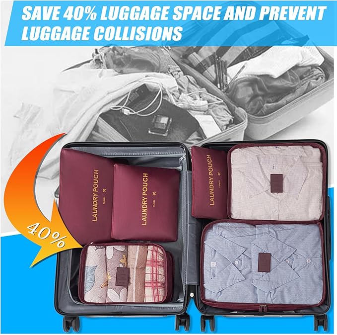 6 Set Packing Cubes for Travel Luggage Packing Bags Reusable Waterproof Suitcase Organizer Bags Set with Shoe Bag and Toiletry Bag (Wine Red)