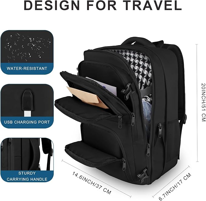 Travel Backpack for Women, 52L Carry On Backpack, Extra Large Expandable Travel Bag, 18.4 Inch TSA Flight Approved Luggage Business Daypack with USB, Teacher Traveling Rucksack, Black