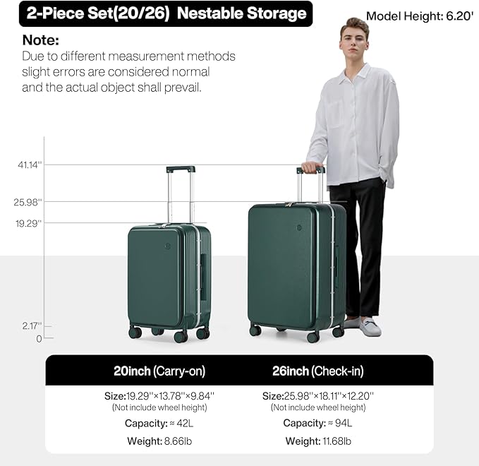 mixi 2-Piece Luggage Sets with Cup Phone Holder and Charger Hard Shell Suitcases with Spinner Wheels, 20+26 Inch Blackish Green