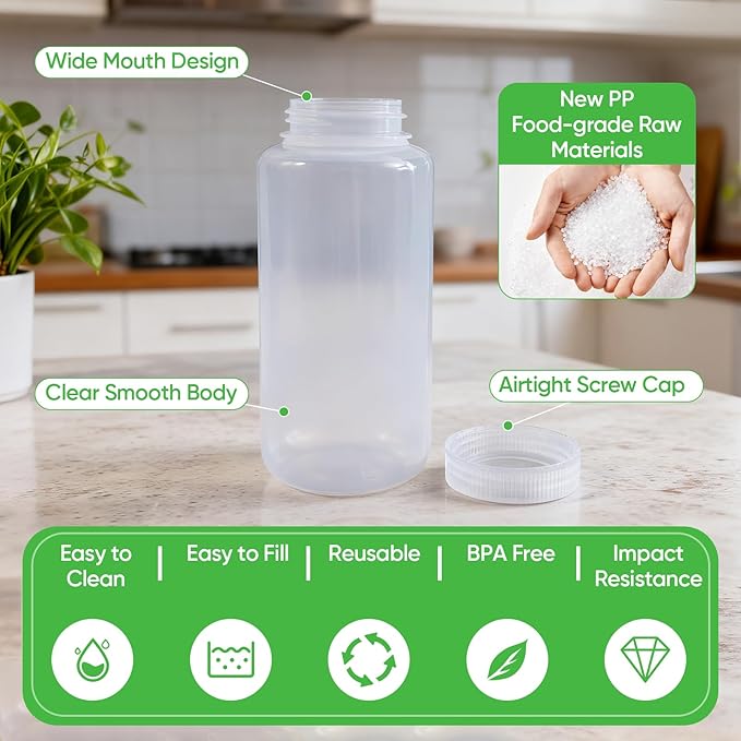 DEMORA 16 oz Plastic Bottles with Lids, Airtight Refillable Wide Mouth Travel Bottles for Toiletries, PP Food Grade Plastic Containers for Liquids Pill Water Sample Lab Reagent (Clear, 2 Pcs)