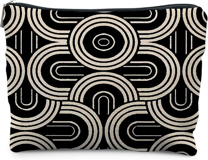 Abstract Beige and Black Makeup Bag, Modern Minimalist Art Deco Cosmetic Bags for Women, Mid Century Modern Zipper Makeup Pouch