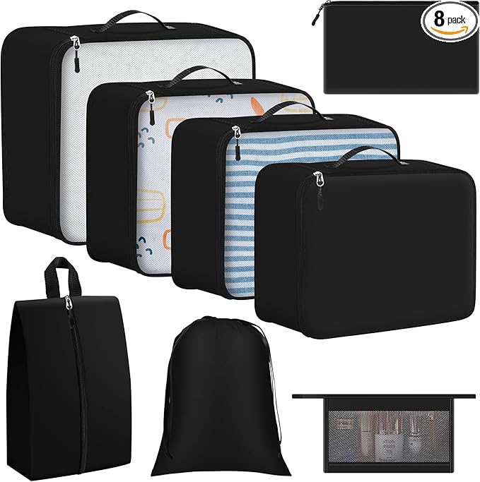8 Set Packing Cubes for Travel Essentials, Organizers for Suitcase and Luggage in 4 Sizes, Luggage Organizer with Toiletries/Laundry/Shoes/Sock Bags (Black)