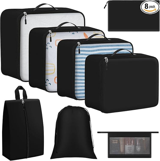 8 Set Packing Cubes for Travel Essentials, Organizers for Suitcase and Luggage in 4 Sizes, Luggage Organizer with Toiletries/Laundry/Shoes/Sock Bags (Black)