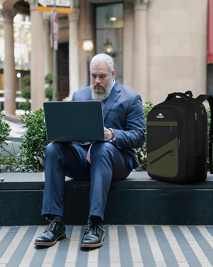 MATEIN 17 Inch Laptop Backpack for Work, Airline Approved Carry On Travel Backpack with Anti Theft Pocket and Luggage Strap, Water Resistant College Computer Daypack Gifts for Men Women, Black Green