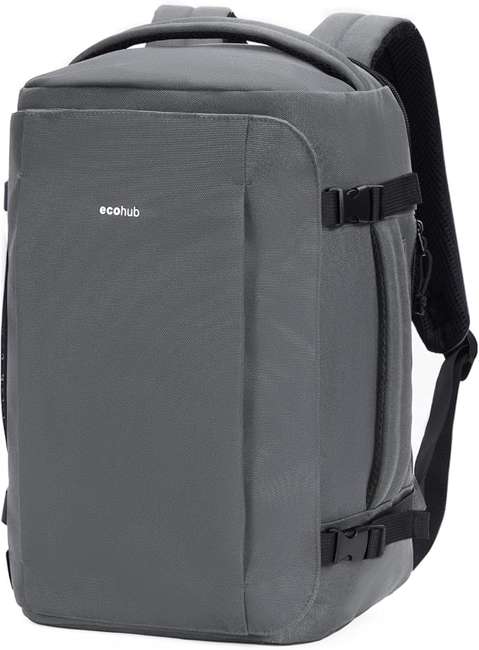 ECOHUB 40L Carry-On Travel Backpack, TSA-Friendly, Anti-Theft Water-Resistant Lightweight with 17.3″ Laptop Compartment, Durable PFAS-Free Rucksack, Grey
