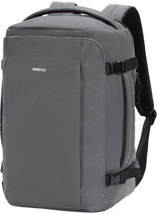 ECOHUB 40L Carry-On Travel Backpack, TSA-Friendly, Anti-Theft Water-Resistant Lightweight with 17.3″ Laptop Compartment, Durable PFAS-Free Rucksack, Grey